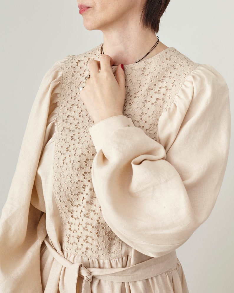 Refined Linen Midi Dress with Broderie Anglaise Yoke – Elegant Long Sleeve Dress with Tie Waist & Pockets | Handmade Natural Linen Dress