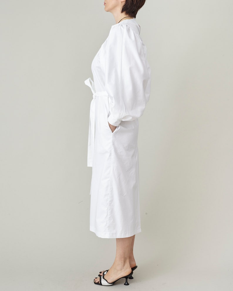 Handmade White Cotton Dress for Women, Puffed Long Sleeve Midi Dress with Tie Waist, Elegant Work dress with Pockets