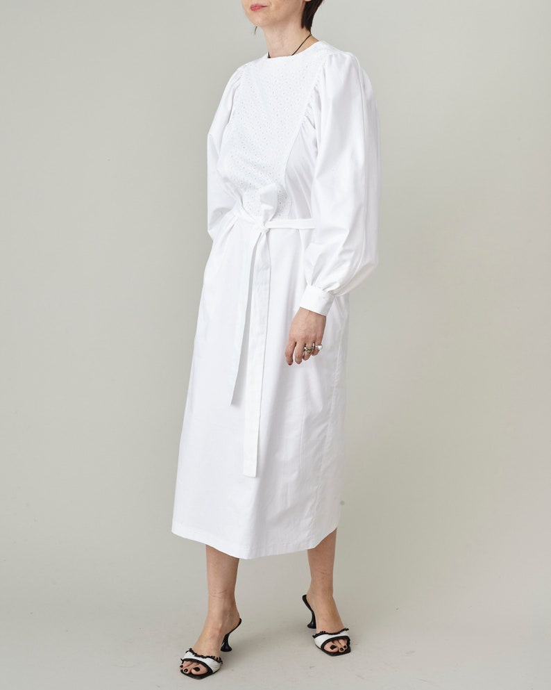 Handmade White Cotton Dress for Women, Puffed Long Sleeve Midi Dress with Tie Waist, Elegant Work dress with Pockets