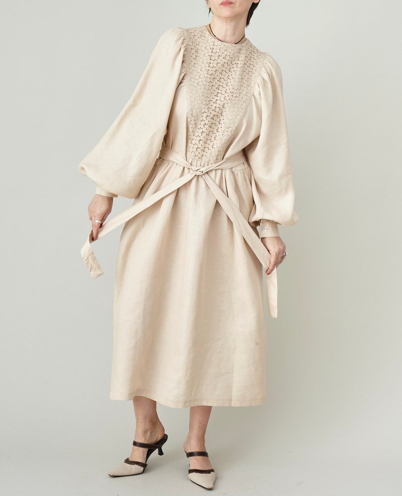 Refined Linen Midi Dress with Broderie Anglaise Yoke – Elegant Long Sleeve Dress with Tie Waist & Pockets | Handmade Natural Linen Dress