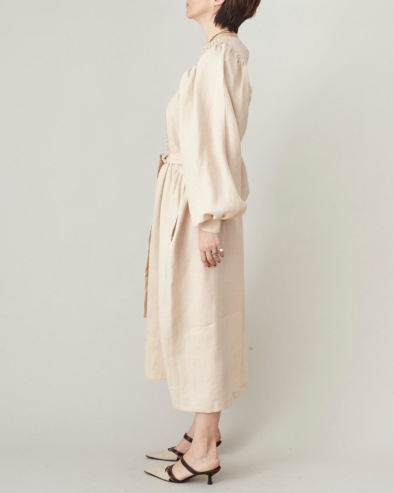 Refined Linen Midi Dress with Broderie Anglaise Yoke – Elegant Long Sleeve Dress with Tie Waist & Pockets | Handmade Natural Linen Dress