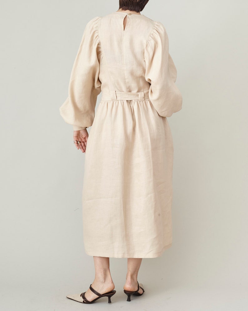 Refined Linen Midi Dress with Broderie Anglaise Yoke – Elegant Long Sleeve Dress with Tie Waist & Pockets | Handmade Natural Linen Dress