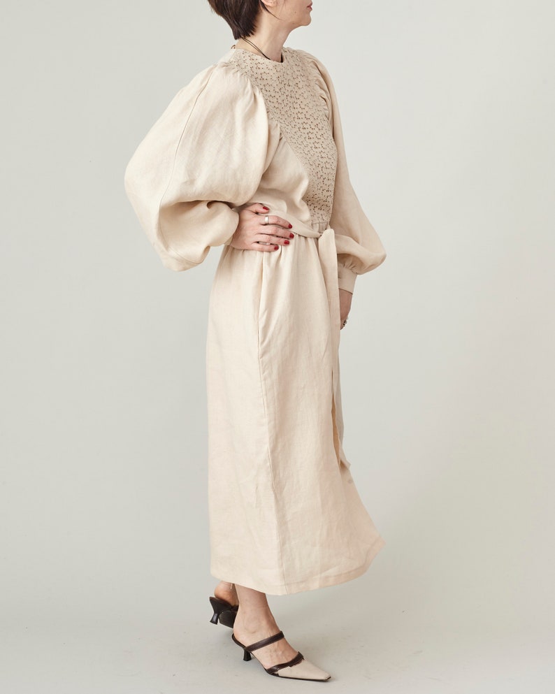 Refined Linen Midi Dress with Broderie Anglaise Yoke – Elegant Long Sleeve Dress with Tie Waist & Pockets | Handmade Natural Linen Dress