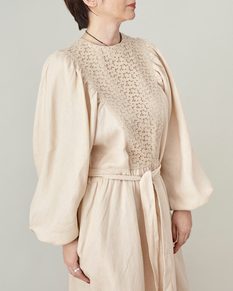 Refined Linen Midi Dress with Broderie Anglaise Yoke – Elegant Long Sleeve Dress with Tie Waist & Pockets | Handmade Natural Linen Dress