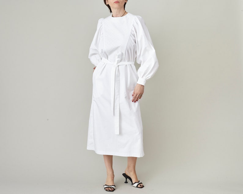 Handmade White Cotton Dress for Women, Puffed Long Sleeve Midi Dress with Tie Waist, Elegant Work dress with Pockets