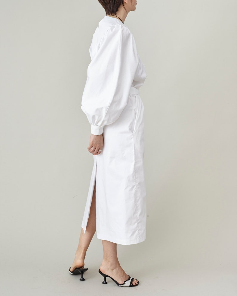 Handmade White Cotton Dress for Women, Puffed Long Sleeve Midi Dress with Tie Waist, Elegant Work dress with Pockets