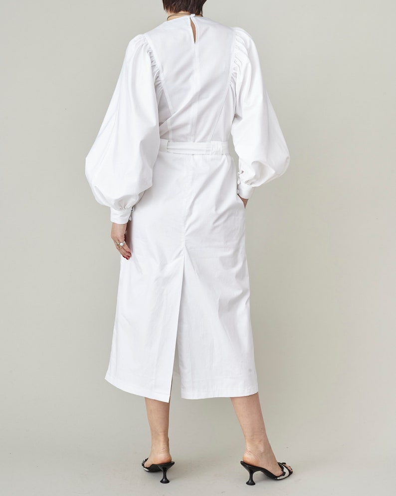 Handmade White Cotton Dress for Women, Puffed Long Sleeve Midi Dress with Tie Waist, Elegant Work dress with Pockets