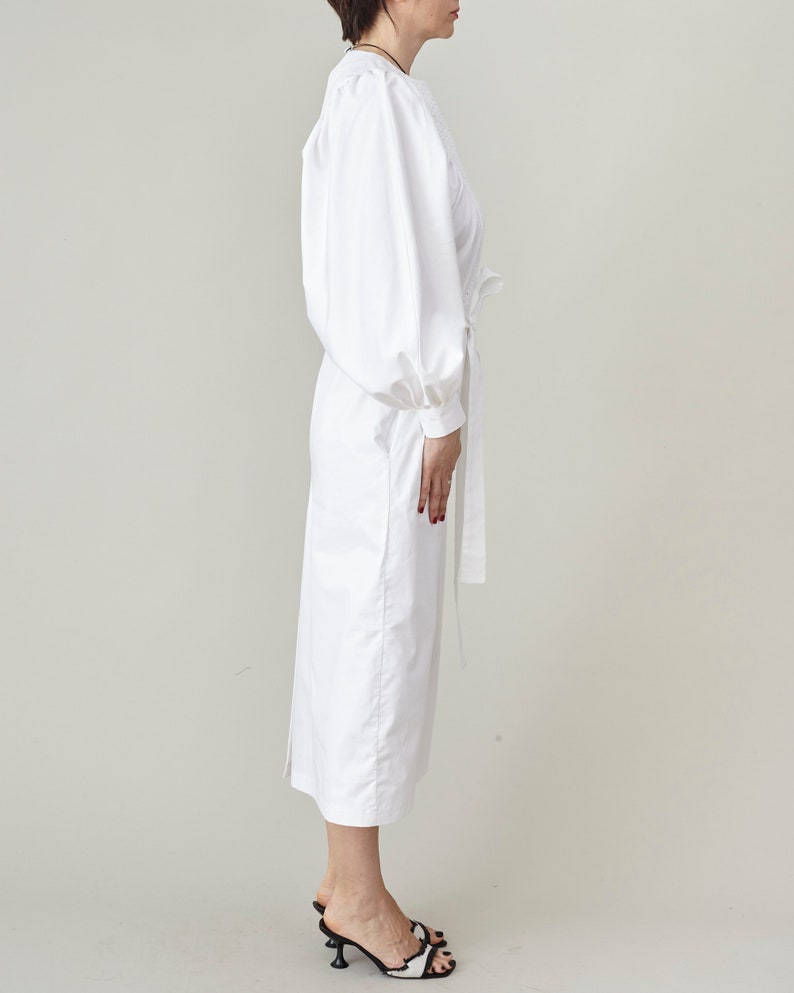 Handmade White Cotton Dress for Women, Puffed Long Sleeve Midi Dress with Tie Waist, Elegant Work dress with Pockets