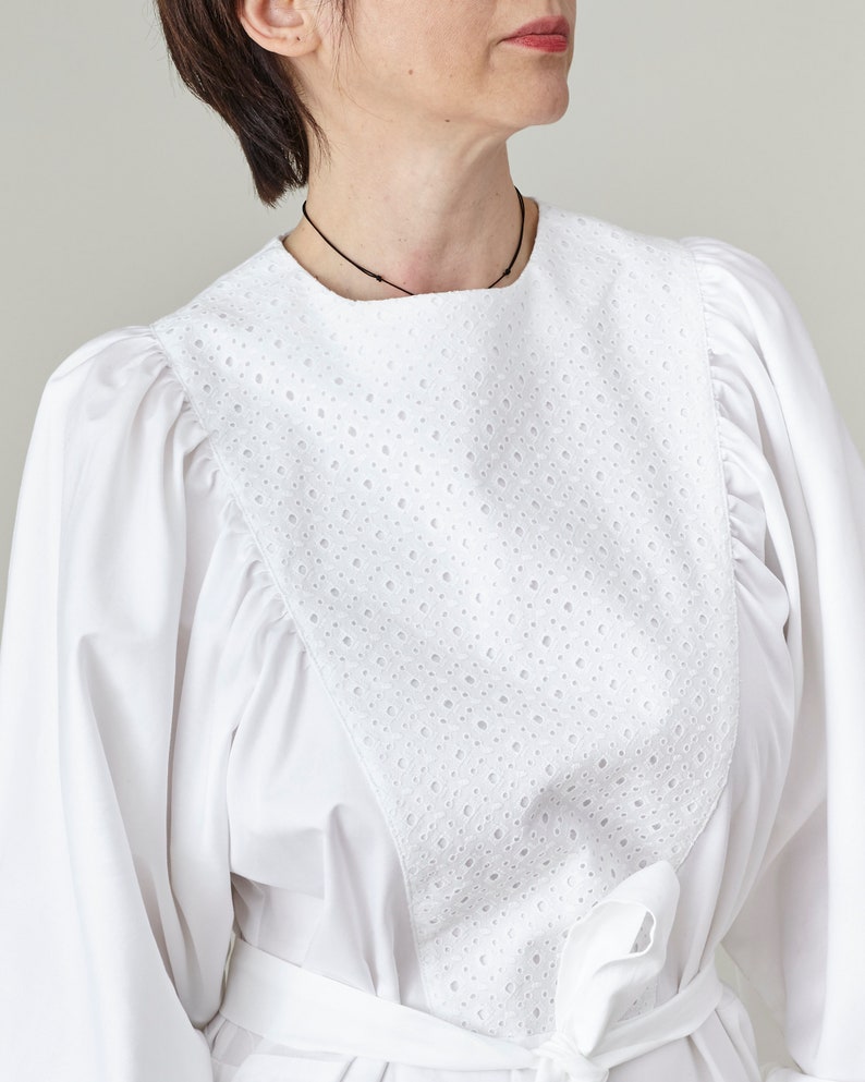 Handmade White Cotton Dress for Women, Puffed Long Sleeve Midi Dress with Tie Waist, Elegant Work dress with Pockets