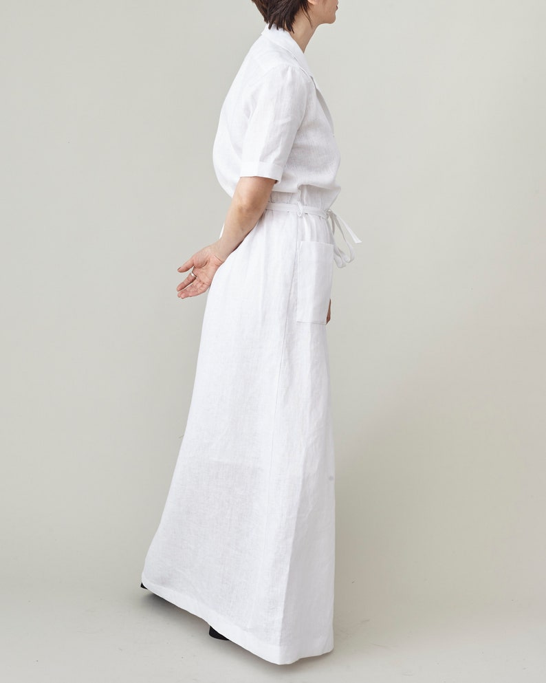White Linen Maxi Dress for Women, Front Button Summer Dress with Tie Waist and Pockets, more Colors Option