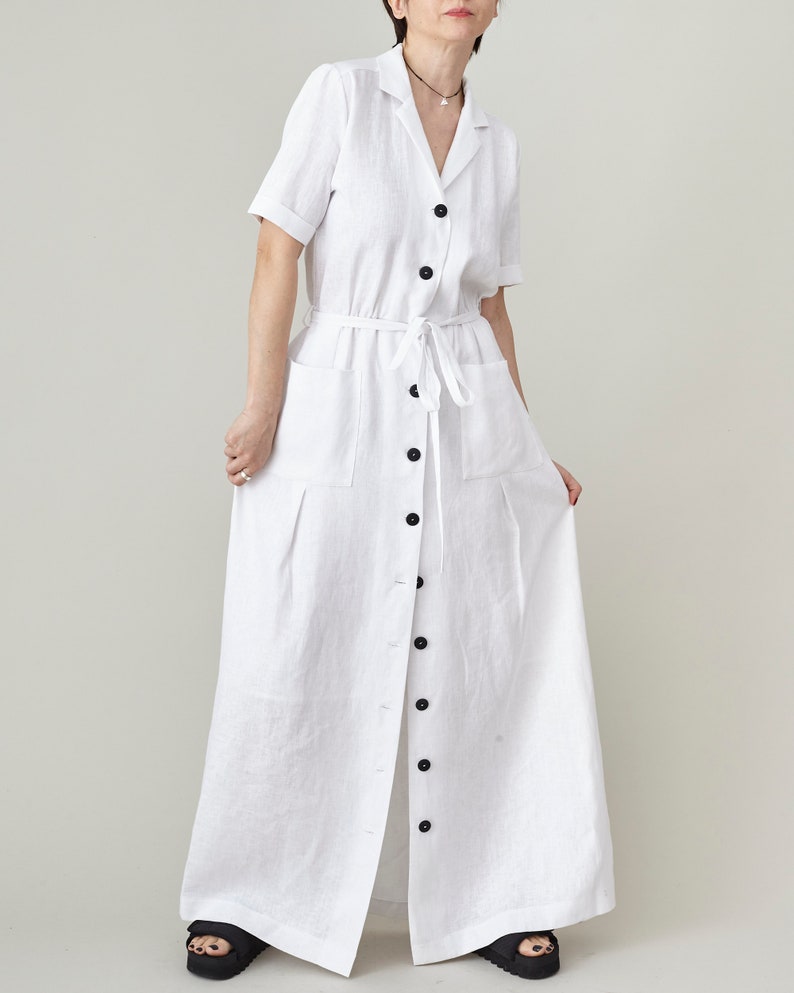 White Linen Maxi Dress for Women, Front Button Summer Dress with Tie Waist and Pockets, more Colors Option