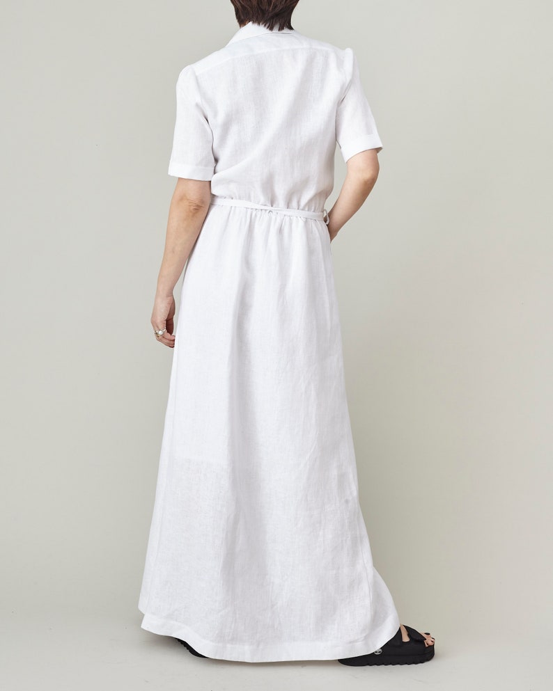 White Linen Maxi Dress for Women, Front Button Summer Dress with Tie Waist and Pockets, more Colors Option