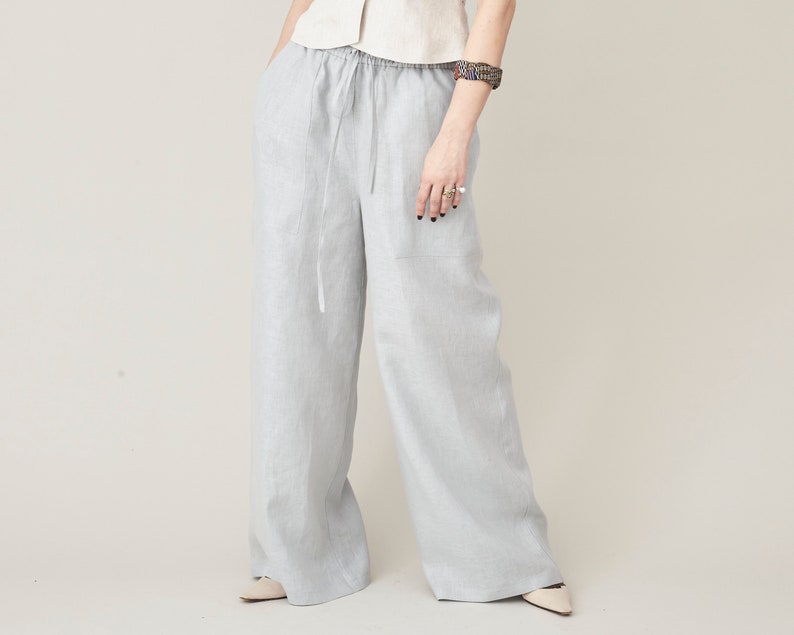 Women's Wide Leg Linen Trousers with Drawstring, Elastic Waist - High-Rise, Baggy, Loose-Fitting Palazzo Pants for Summer, Multiple Colors