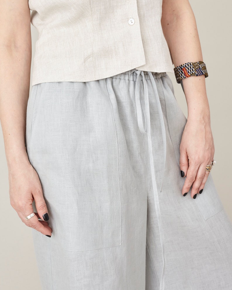 Women's Wide Leg Linen Trousers with Drawstring, Elastic Waist - High-Rise, Baggy, Loose-Fitting Palazzo Pants for Summer, Multiple Colors