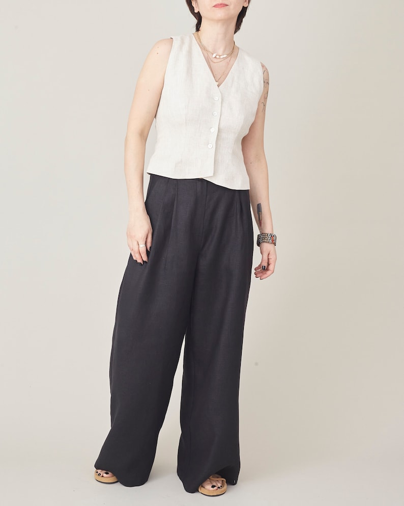 Black Linen Pants for Women, Wide Leg, Pleated High Waist, Flowy Trousers with Pockets, Chic Summer Bottoms, More Color Options