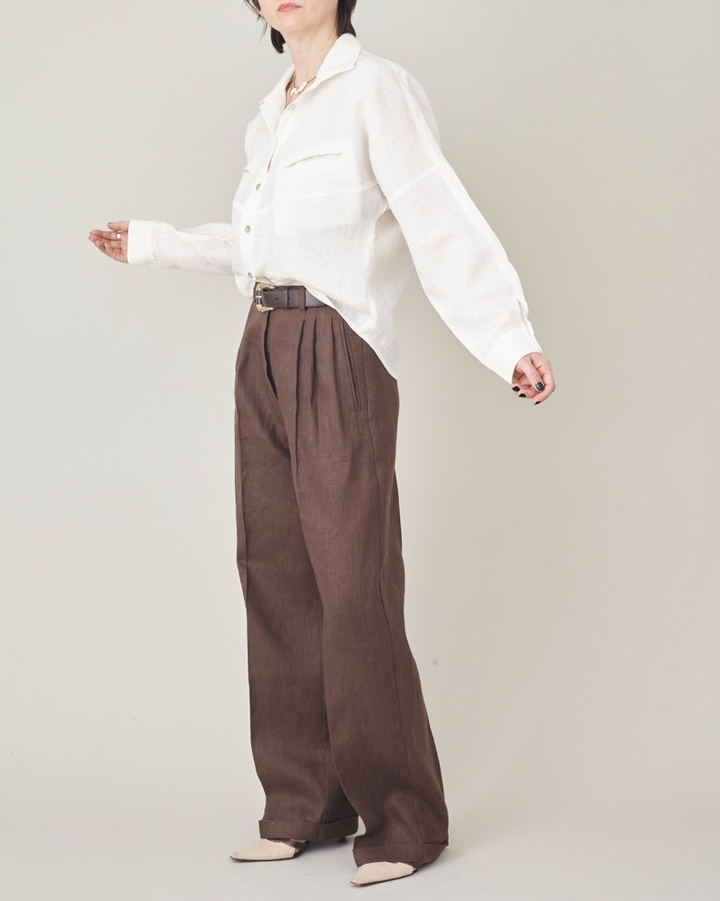 Wide Leg Linen Pants for Women, with Pleats and High Waisted Cut, best Clean Aesthetic Style, Summer Office Outfits, Brown, Beige and More
