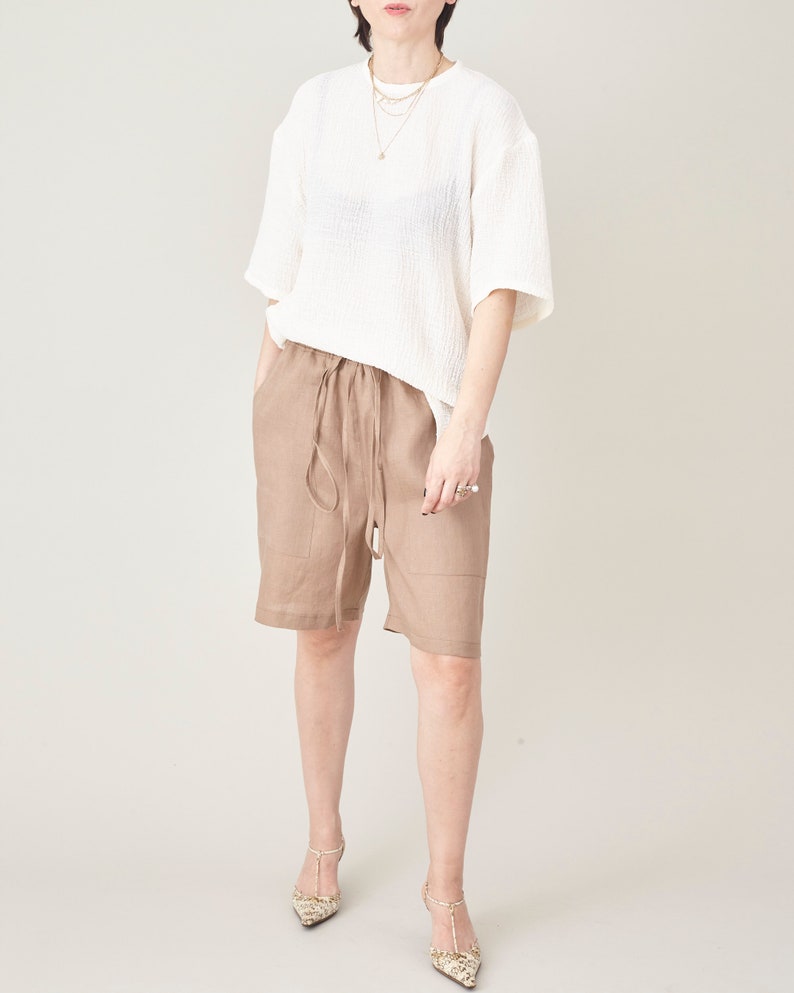 Linen Bermuda Shorts, Draw String, Elastic Waist Baggy Beach Short Pants