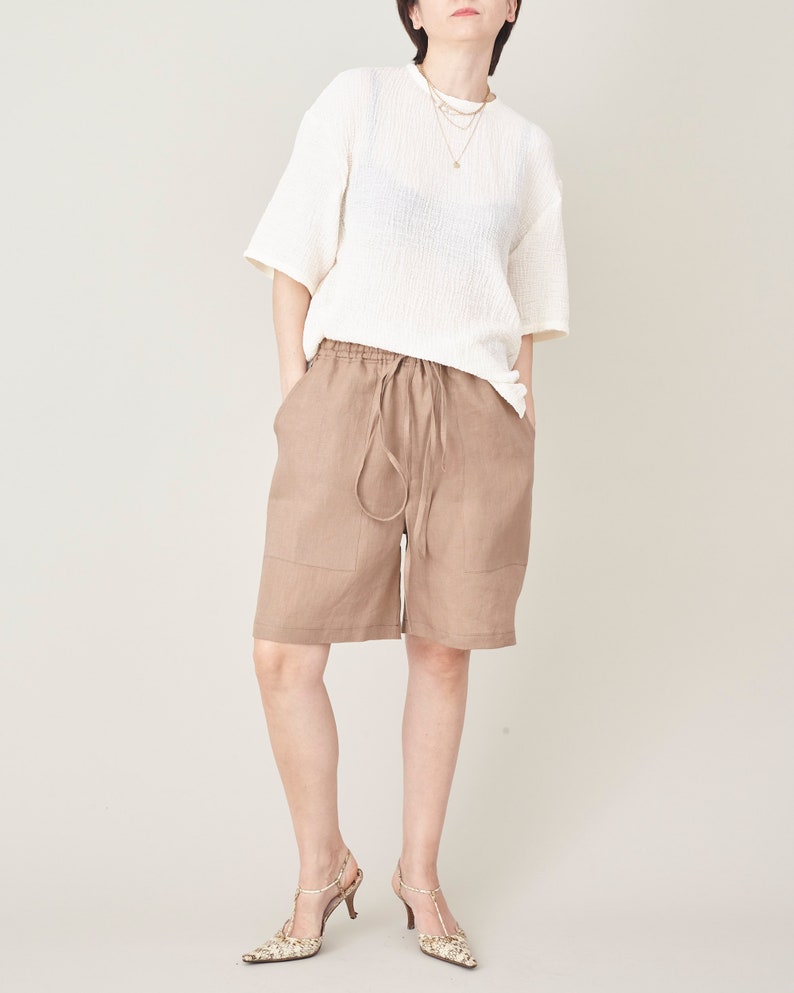 Linen Bermuda Shorts, Draw String, Elastic Waist Baggy Beach Short Pants