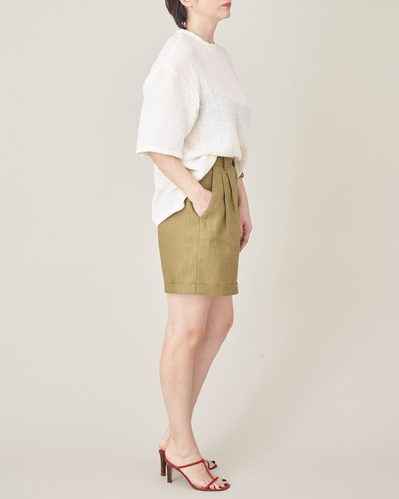 Olive Linen Shorts for Women Size XXS - XXL | High Waisted, Pleated Linen Short Pants | Casual Bermudas