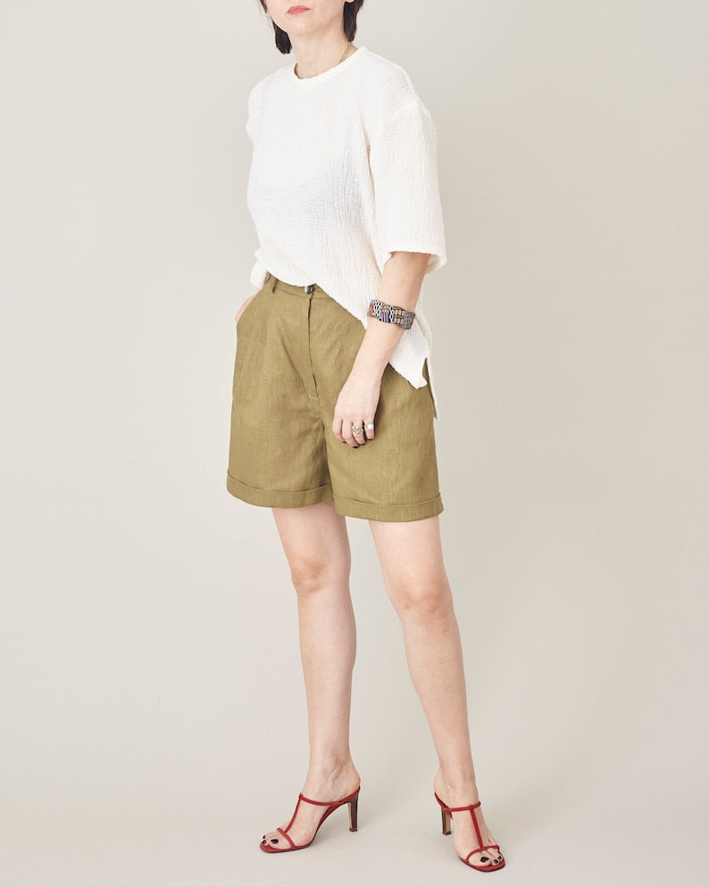 Olive Linen Shorts for Women Size XXS - XXL | High Waisted, Pleated Linen Short Pants | Casual Bermudas