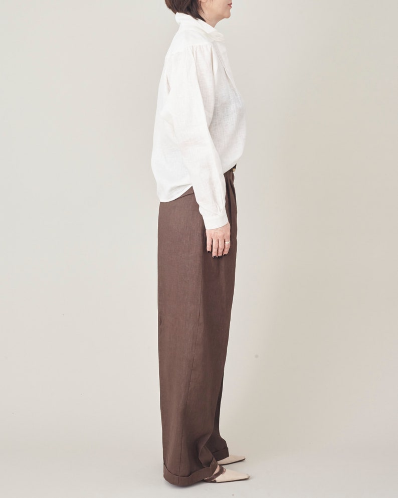 Handmade Linen Shirt for Women, Elegant Long Sleeve Blouse with Shoulder Yoke and Pleats, Relaxed Fit Design, More Color Options
