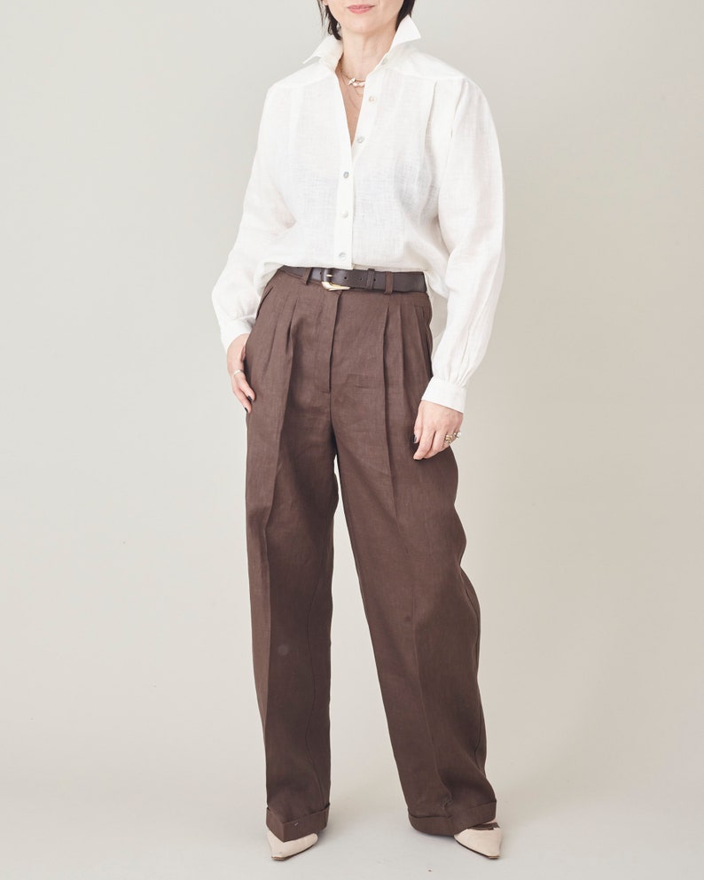 Handmade Linen Shirt for Women, Elegant Long Sleeve Blouse with Shoulder Yoke and Pleats, Relaxed Fit Design, More Color Options