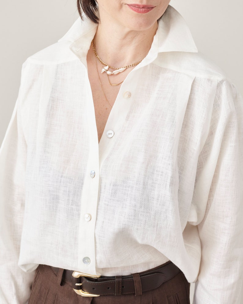 Handmade Linen Shirt for Women, Elegant Long Sleeve Blouse with Shoulder Yoke and Pleats, Relaxed Fit Design, More Color Options