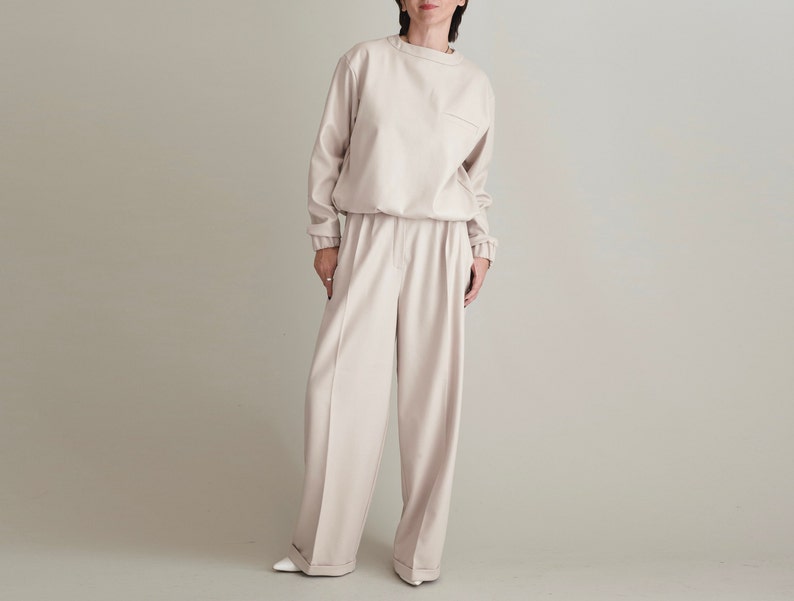 Two Piece Set for Women | Wide Leg Pants and Matching Blouse | Wool Pants and Matching Blouse