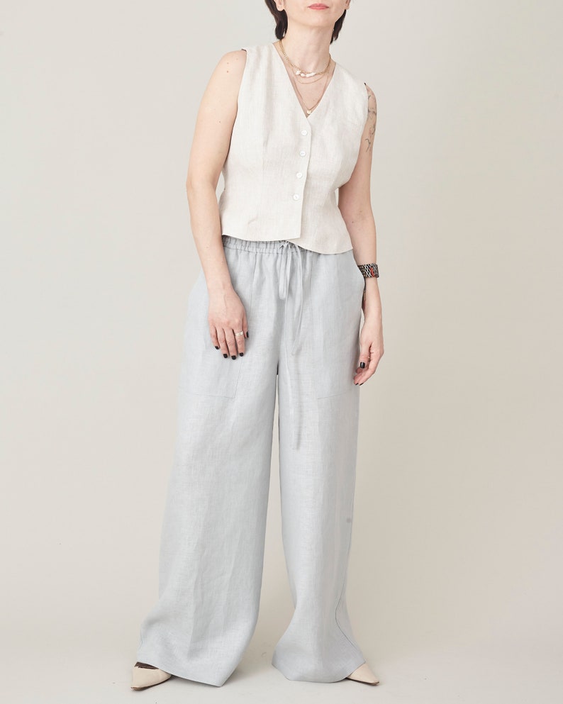 Women's Wide Leg Linen Trousers with Drawstring, Elastic Waist - High-Rise, Baggy, Loose-Fitting Palazzo Pants for Summer, Multiple Colors