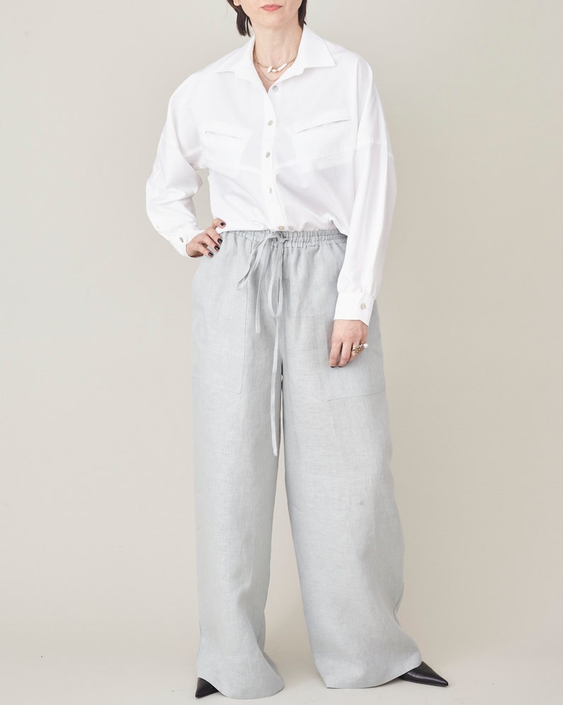Women's Wide Leg Linen Trousers with Drawstring, Elastic Waist - High-Rise, Baggy, Loose-Fitting Palazzo Pants for Summer, Multiple Colors
