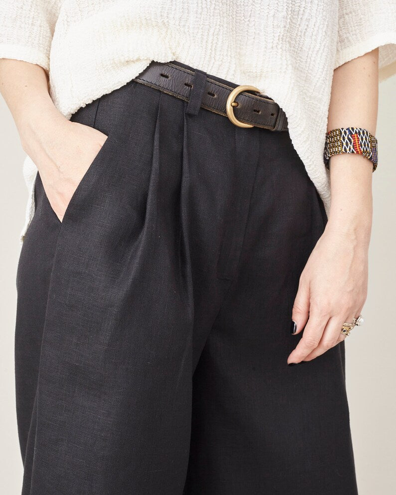 Black Linen Pants for Women, Wide Leg, Pleated High Waist, Flowy Trousers with Pockets, Chic Summer Bottoms, More Color Options
