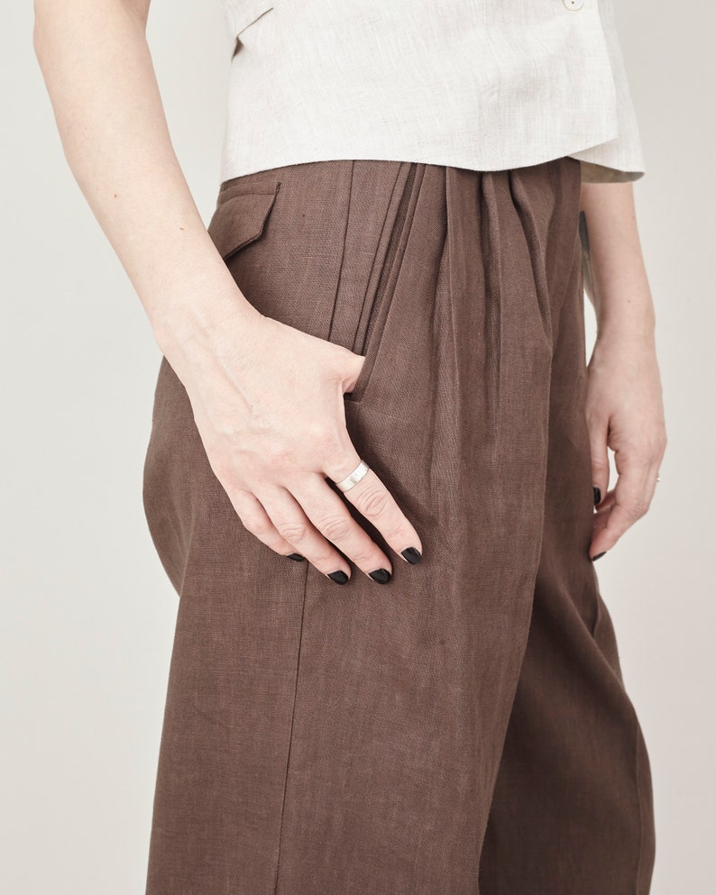 Wide Leg Linen Pants for Women, with Pleats and High Waisted Cut, best Clean Aesthetic Style, Summer Office Outfits, Brown, Beige and More
