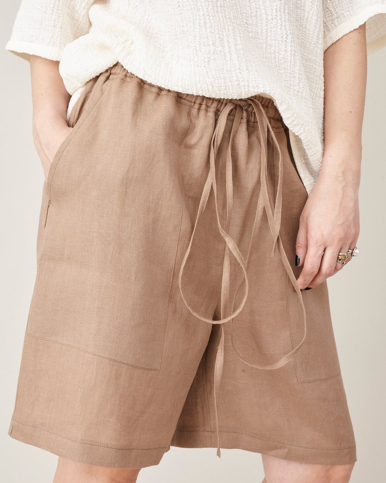 Linen Bermuda Shorts, Draw String, Elastic Waist Baggy Beach Short Pants