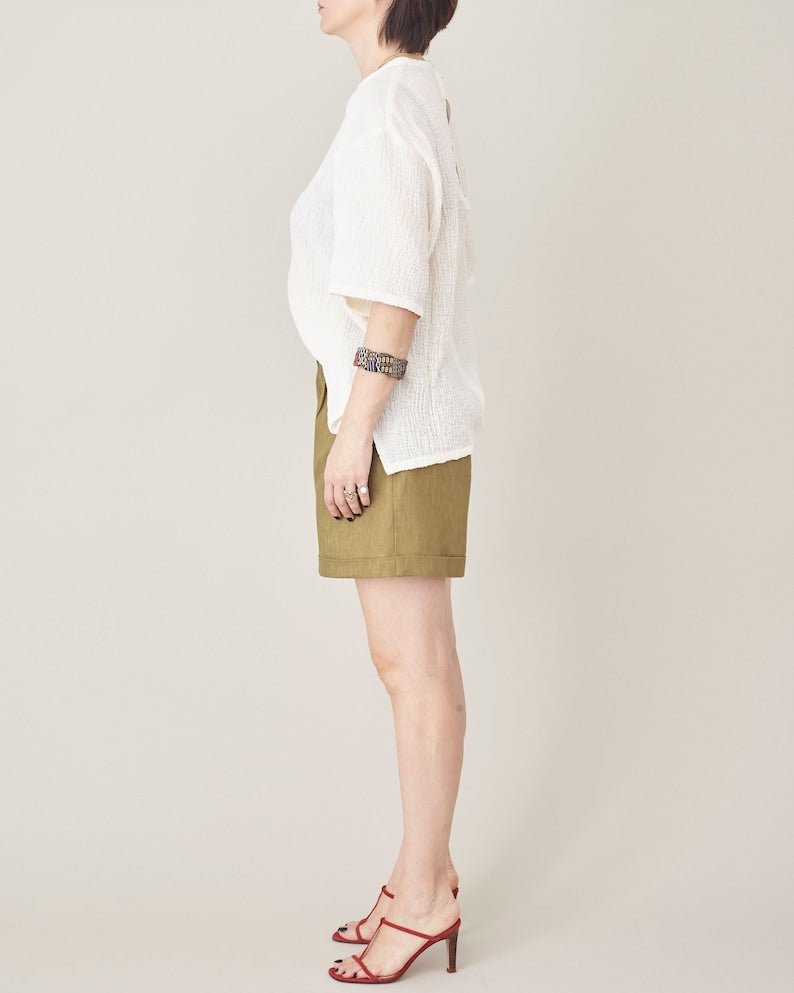 Olive Linen Shorts for Women Size XXS - XXL | High Waisted, Pleated Linen Short Pants | Casual Bermudas