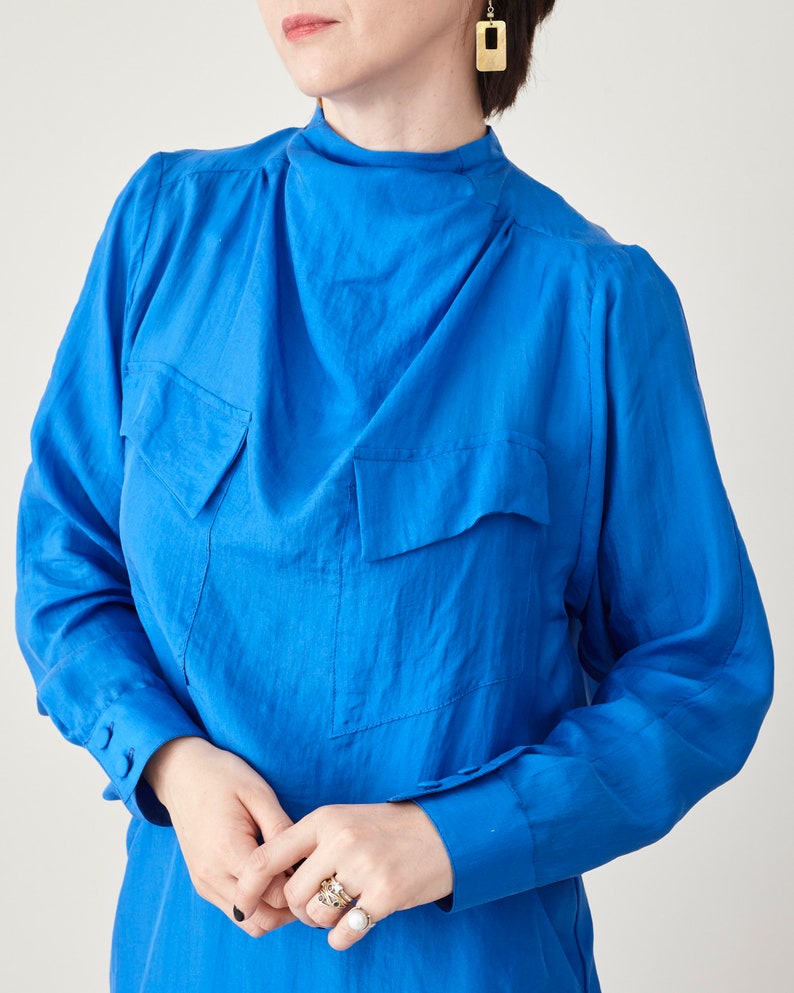 Handmade 100% Silk Dress for Women, Elegant Back Buttons Midi Dress with Long Sleeves and Pockets, Custom Length, More Color Options