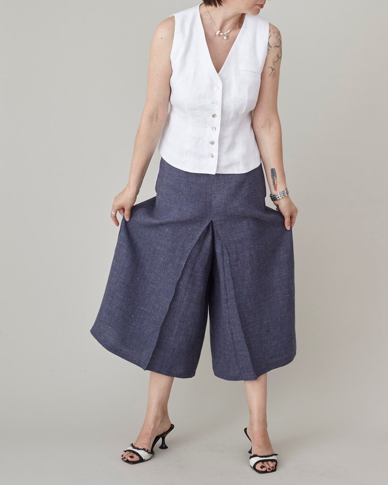 Elegant Linen Skirt Pants for Women, Chic Summer Culottes in Versatile Colors, with Pockets