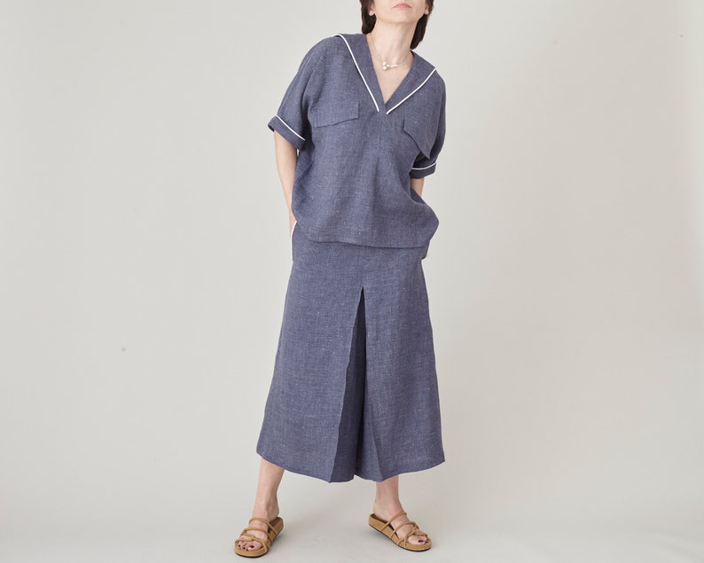 Coastal Linen 2 Piece Set for Women – Sailor Collar Blouse & Wide-Leg Culottes – 100% Linen Matching Set – Summer Outfit Custom