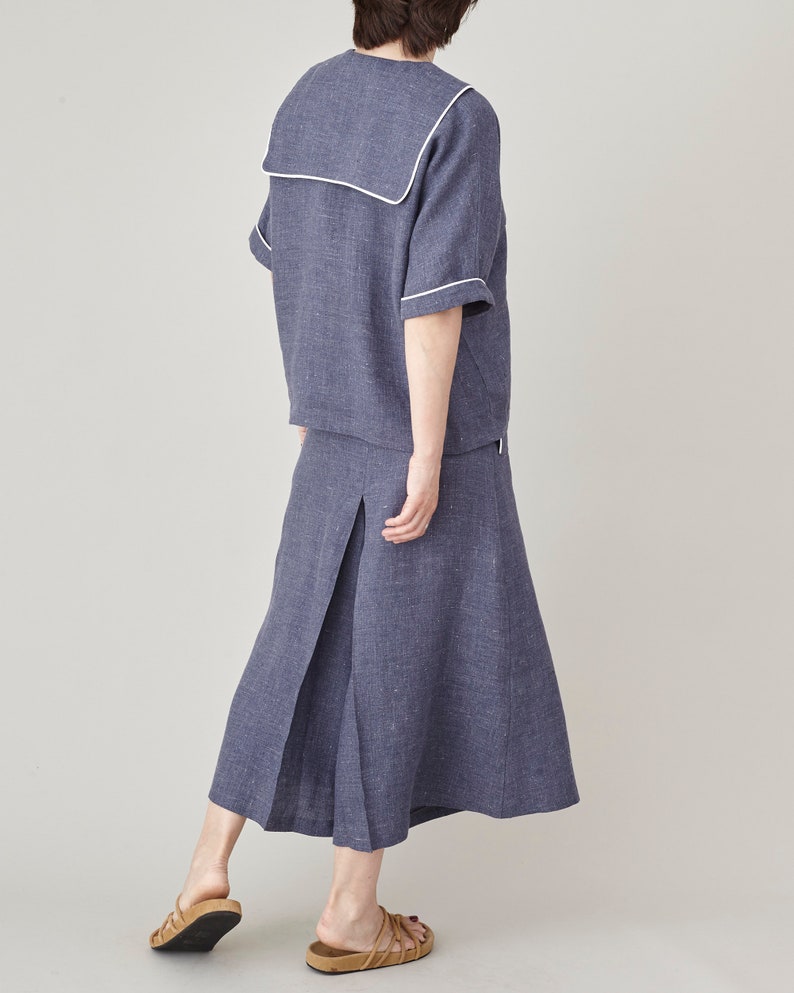 Coastal Linen 2 Piece Set for Women – Sailor Collar Blouse & Wide-Leg Culottes – 100% Linen Matching Set – Summer Outfit Custom