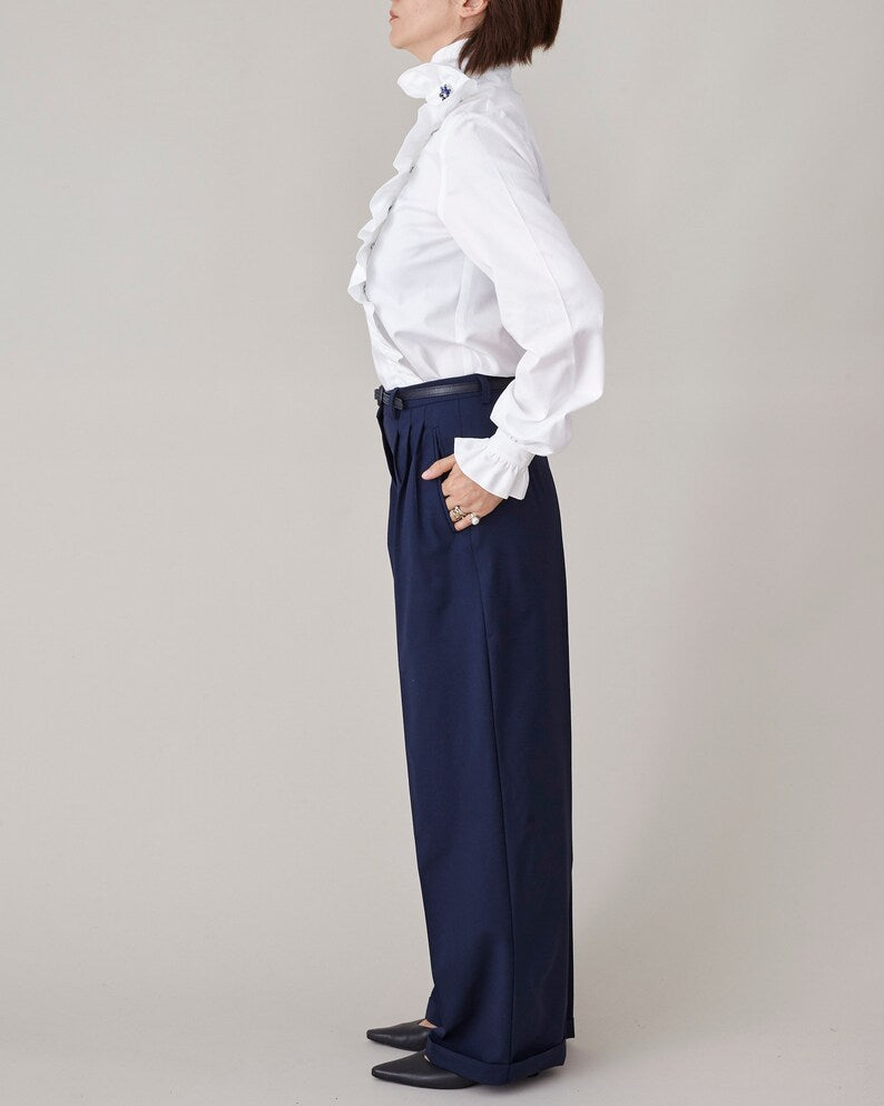 Handmade White Cotton Shirt with Ruffled Collar and Cuffs, Elegant, Festive Blouse w Rhinestone Embellishments, Fancy Office Top FTN50_71COT