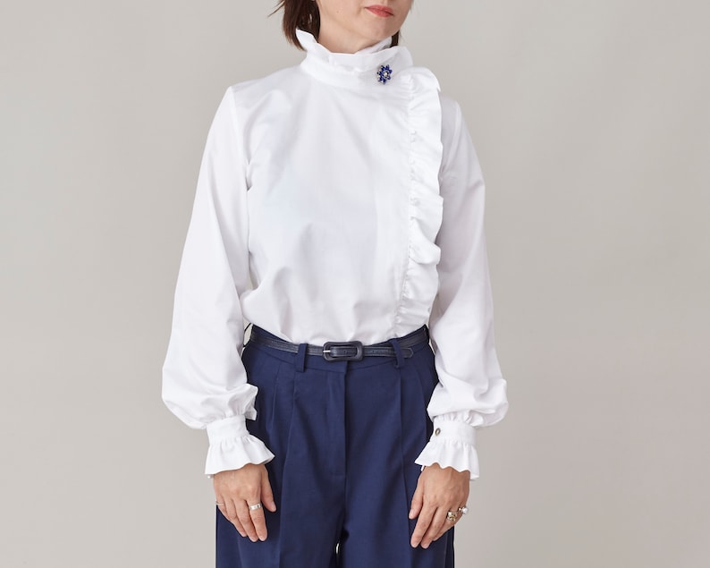 Handmade White Cotton Shirt with Ruffled Collar and Cuffs, Elegant, Festive Blouse w Rhinestone Embellishments, Fancy Office Top FTN50_71COT