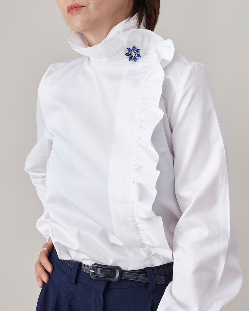 Handmade White Cotton Shirt with Ruffled Collar and Cuffs, Elegant, Festive Blouse w Rhinestone Embellishments, Fancy Office Top FTN50_71COT