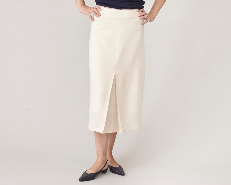 Handmade 100% Wool White Midi Skirt with Yoke, Double Pleat, A-Line Design for Chic Business Outfits, More Colors Available FTN49_61WOL