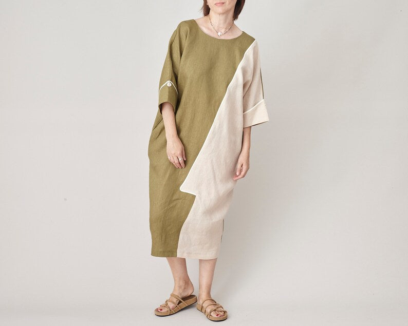 Handmade Linen Dress for Women, Back Button, Two Tone Midi Dress, Relaxed Fit Summer Dress with Pockets, Chic Office Dress