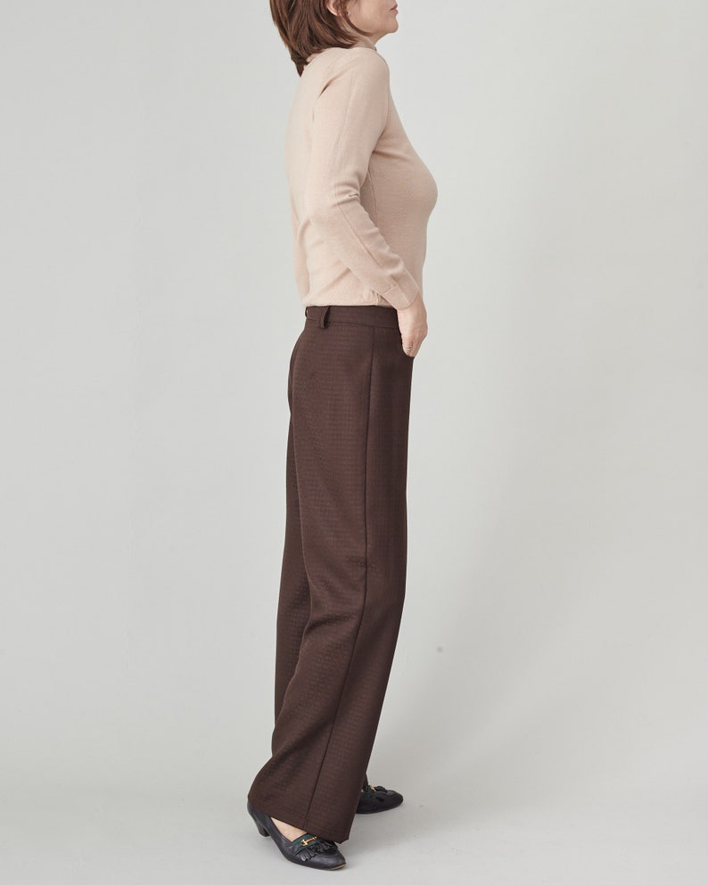 Brown 100% Wool Pants for Women, Mid Rise, Flared Design with Front Pockets and Golden Metallic Detail, 70's Style Chic Effortless Style