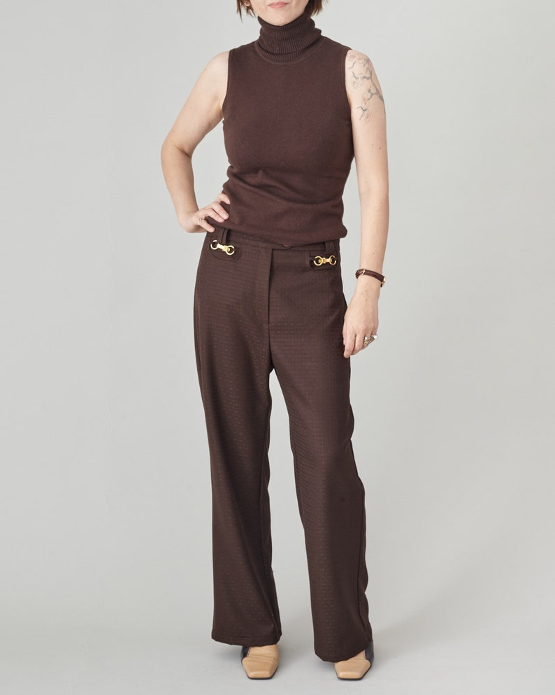 Brown 100% Wool Pants for Women, Mid Rise, Flared Design with Front Pockets and Golden Metallic Detail, 70's Style Chic Effortless Style