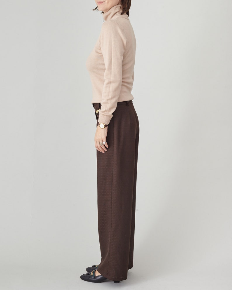 Brown 100% Wool Pants for Women, Mid Rise, Flared Design with Front Pockets and Golden Metallic Detail, 70's Style Chic Effortless Style