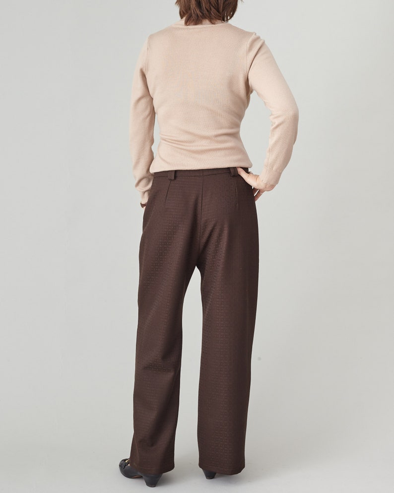 Brown 100% Wool Pants for Women, Mid Rise, Flared Design with Front Pockets and Golden Metallic Detail, 70's Style Chic Effortless Style