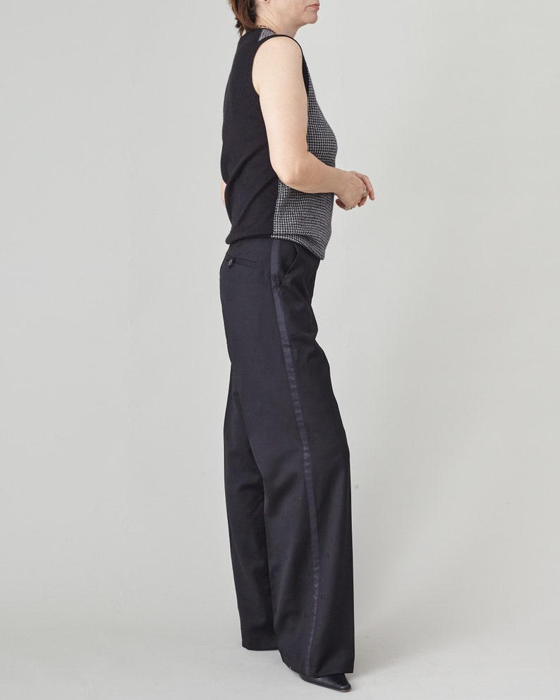 Black Wool Tuxedo Pants – Women’s Straight Leg Trousers with 100% Silk Side Stripe, Custom Size Wedding Guest Pants Outfit