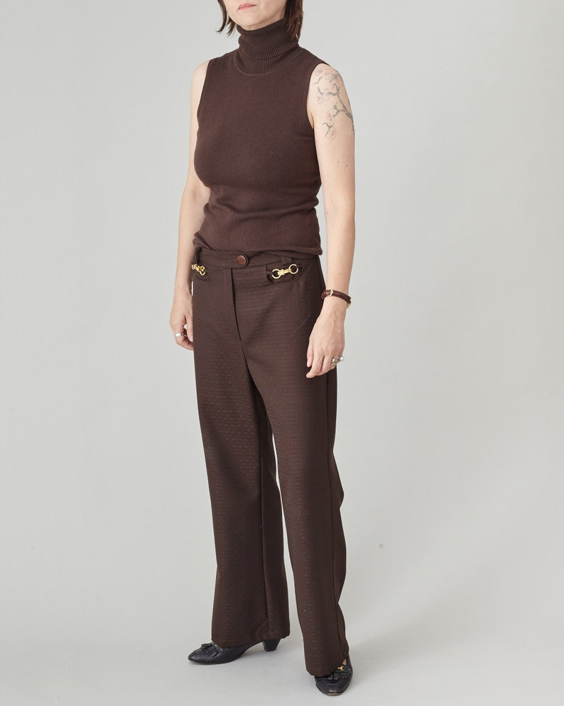 Brown 100% Wool Pants for Women, Mid Rise, Flared Design with Front Pockets and Golden Metallic Detail, 70's Style Chic Effortless Style