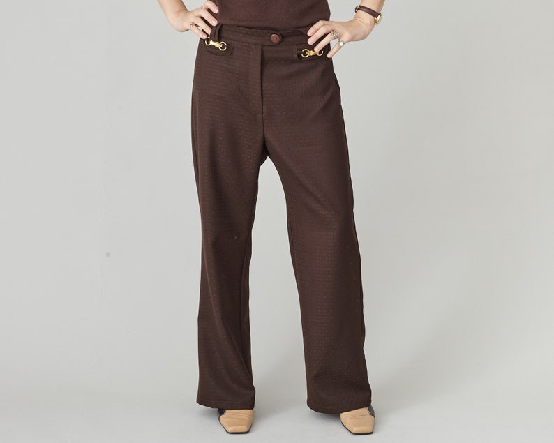 Brown 100% Wool Pants for Women, Mid Rise, Flared Design with Front Pockets and Golden Metallic Detail, 70's Style Chic Effortless Style